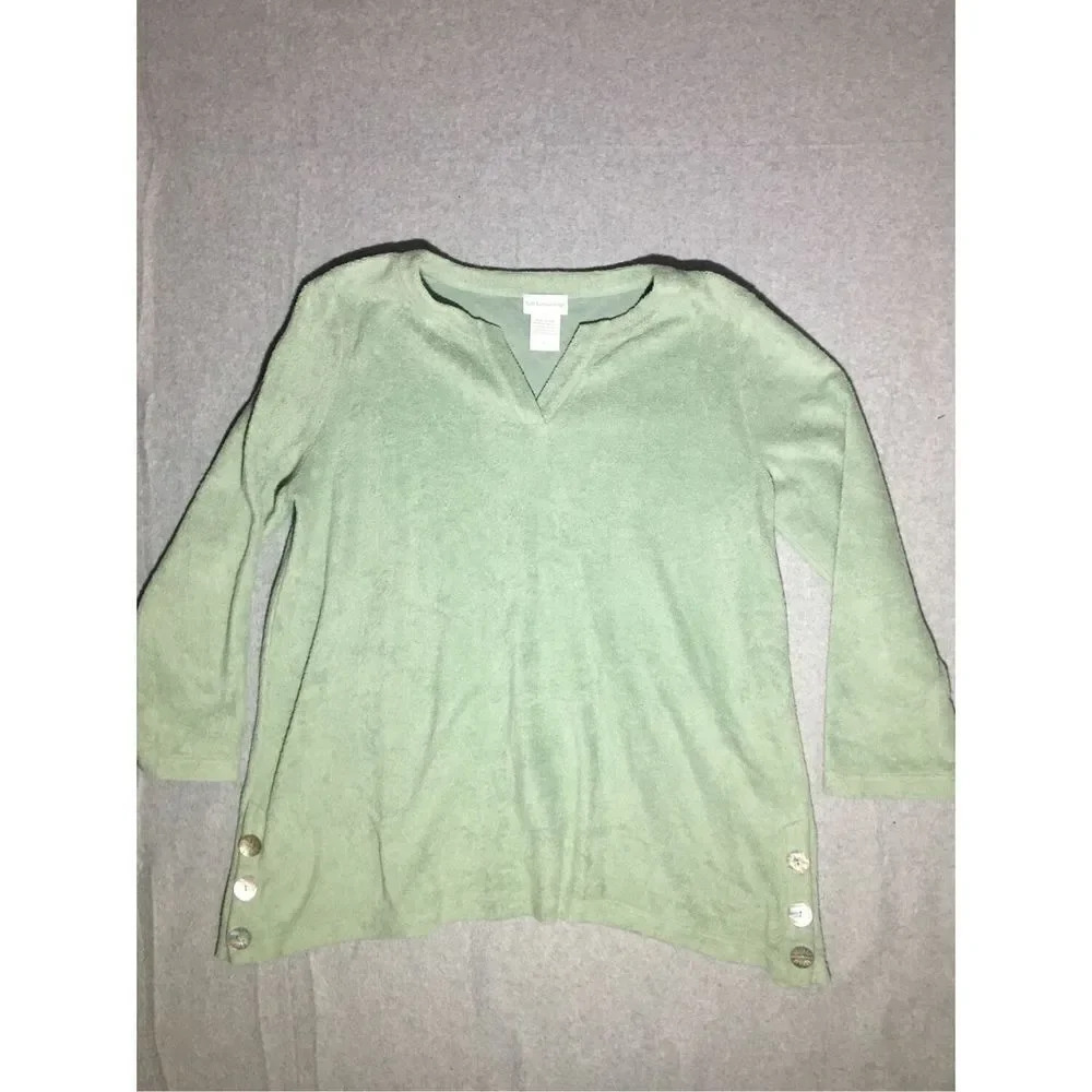 Womens Soft Surroundings Sweater Size Large Mint Green V Neck Button Details